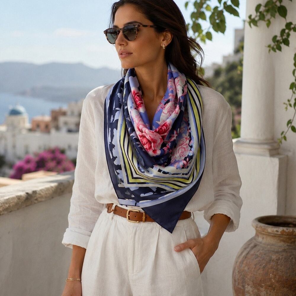 Talbots 100% Silk Floral Stripe Square Scarf Blue Pink 34 x 34